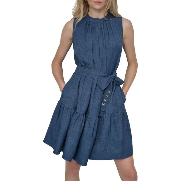 Dkny Dresses & Skirts - DKNY Women's Fit & Flare Mini Dress Size 10 Denim Blue Sleeveless Jewel Neck